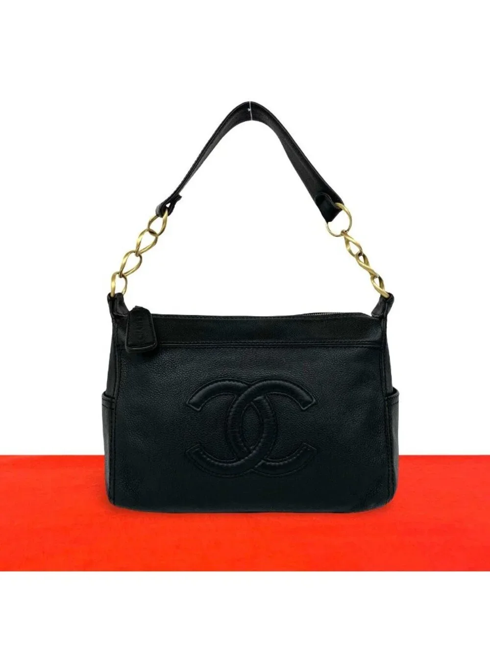 Chanel CC Logo Leather Chain Shoulder Bag Mini Tote Black